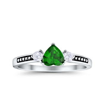 Heart Promise Ring Simulated Green Emerald CZ Black Accent 925 Sterling Silver